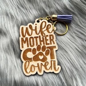 Handmade wood keychain with tassel: Wife mother cat lover
